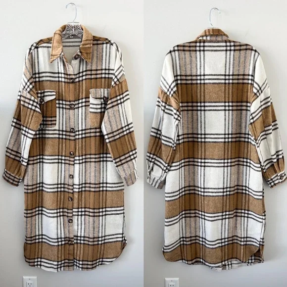 ⭐️SOLD⭐️ Women’s Brown Long Flannel Plaid Button Front Shacket Trench Coat - Picture 2 of 6